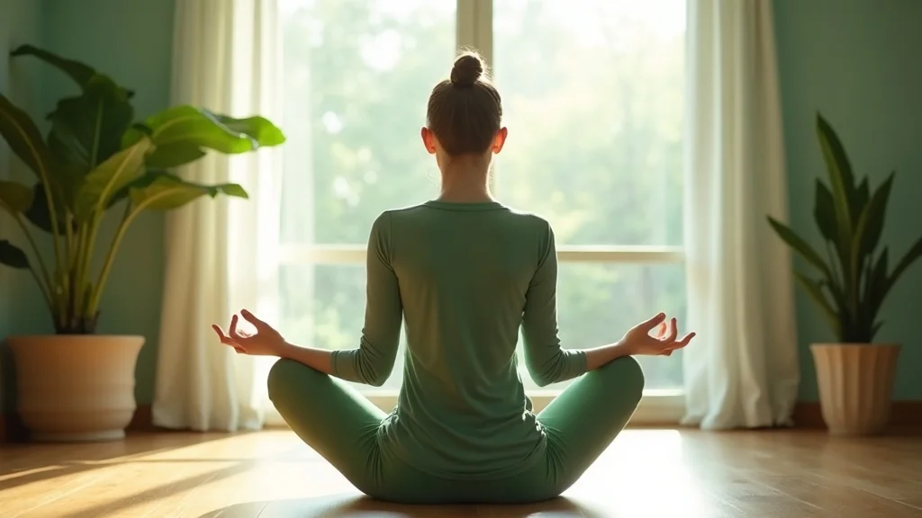 calm person sitting cross-legged on wooden floor in sunlit room, eyes closed, hands resting on knees, gentle breathing p