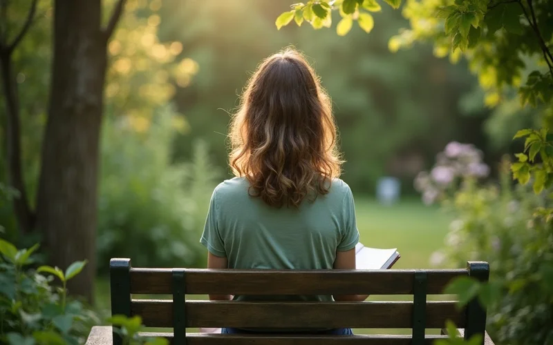 tracking panic attack triggers with diary in peaceful garden
