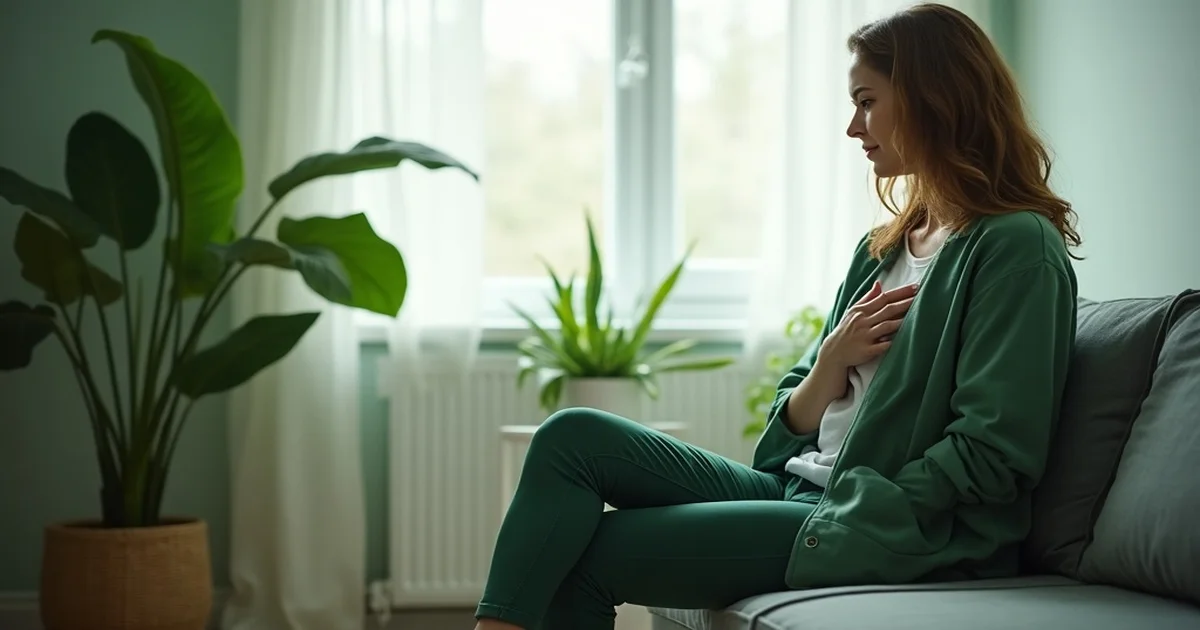 panic attack vs heart attack - person holding chest worried but calm setting