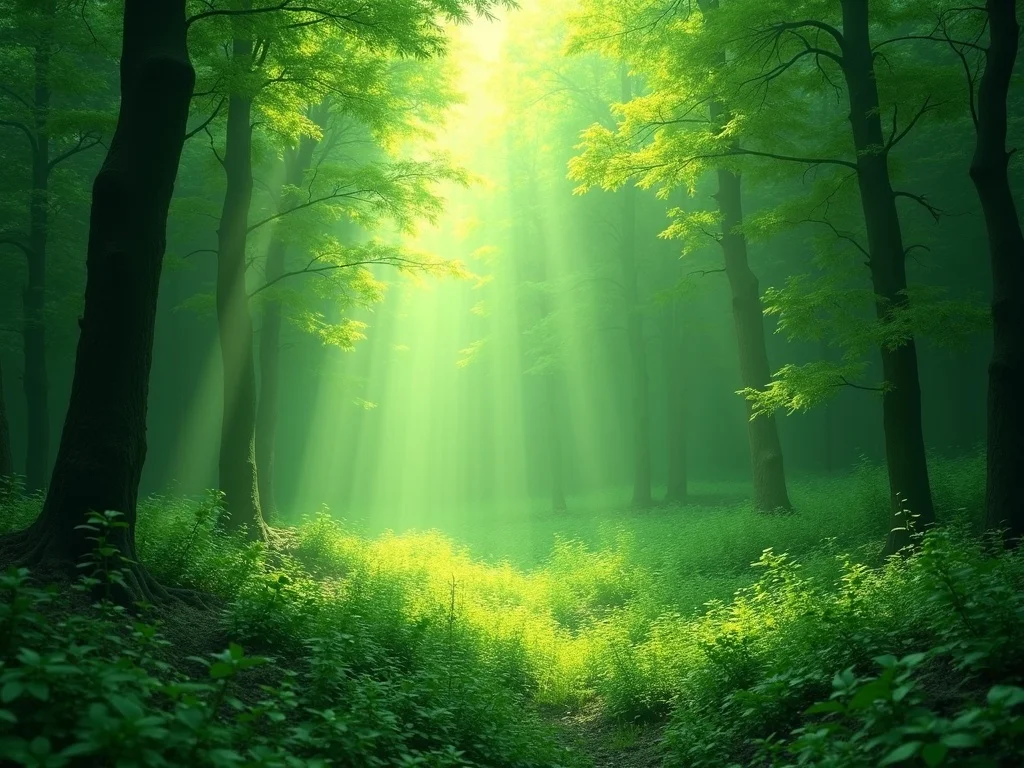 A peaceful fresh green natural setting, emerald and forest tones, calming atmosphere, no face visible, no text, editoria